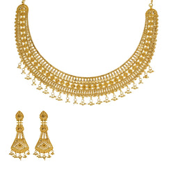 22K Yellow Gold Necklace & Earrings Set W/ Beaded Filigree & Egyptian Collar Design