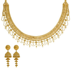 22K Yellow Gold Necklace & Jhumki Earrings Set W/ Beaded Filigree & Chandelier Egyptian Collar