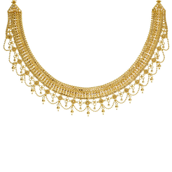 22K Yellow Gold Necklace & Jhumki Earrings Set W/ Beaded Filigree & Chandelier Egyptian Collar | 


Refresh ancient designs to modern luxury with this 22K yellow gold necklace & Jhumki earri...