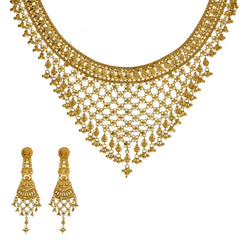 22K Yellow Gold Necklace & Earrings Set W/ Hanging Floral Maille Design