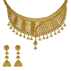22K Yellow Gold Necklace & Jhumki Earrings Set W/ Beaded Filigree & Short Bib Necklace