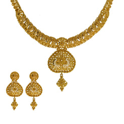 22K Yellow Gold Mango Necklace & Earrings Set W/ Beaded Filigree & Domed Scallop Pendants