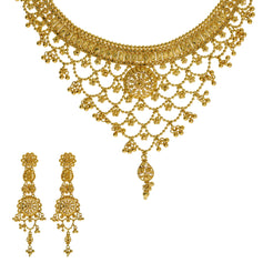 22K Yellow Gold Necklace & Earrings Set W/ Dream Catcher Earrings & Grape Vine Display