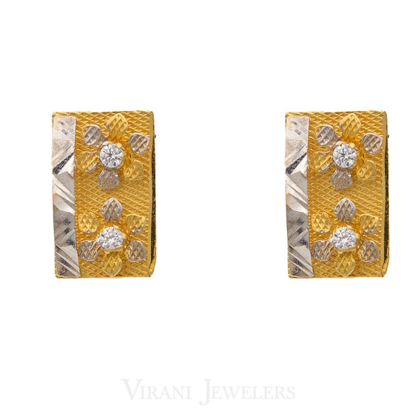 22K Multitone Floral Rectangular Gold Stud Earrings | 22K Multitone Floral Rectangular Gold Stud Earrings for women. Rectangle frame as well as yellow ...