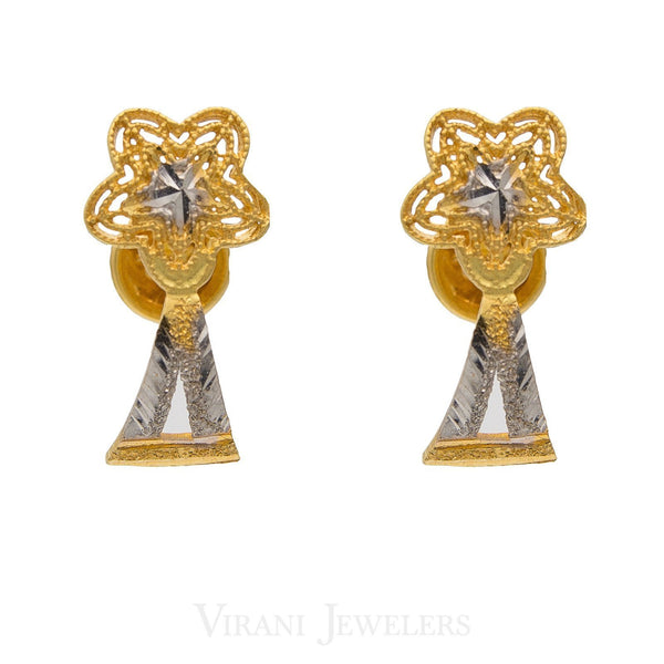 22K Yellow & White Gold Stud Earrings W/ Floral & Triangle Fused Shape | 22k Two-Tone Gold Earrings in a contemporary, modern style.