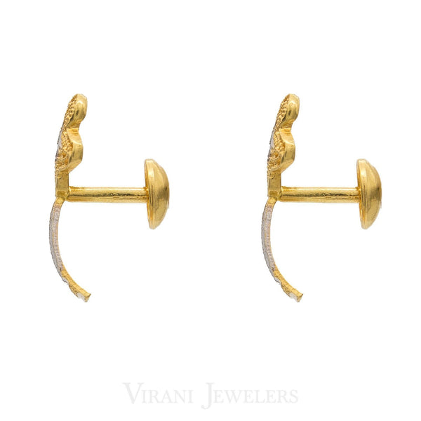 22K Yellow & White Gold Stud Earrings W/ Floral & Triangle Fused Shape | 22k Two-Tone Gold Earrings in a contemporary, modern style.