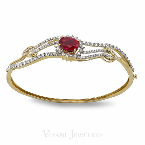 1.43CT Diamond Bangle Set in 18K Yellow Gold W/ Oval Cut Ruby Stone | 1.43CT Diamond Bangle Set in 18K Yellow Gold W/ Oval Cut Ruby Stone for women. Bracelet size is 2...