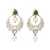 1.82 ct Diamond Drop Earrings Chandbali in 18k yellow gold with Emerald Stone and Pearls | 1.82 ct Diamond Drop Earrings Chandbali with Emerald Stone and Pearls for women. total weight is ...