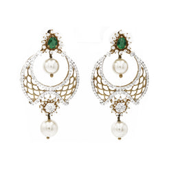 1.82 ct Diamond Drop Earrings Chandbali in 18k yellow gold with Emerald Stone and Pearls