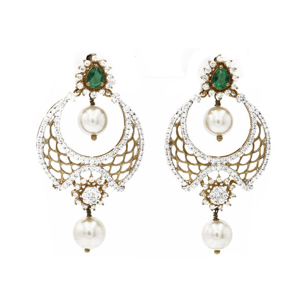 1.82 ct Diamond Drop Earrings Chandbali in 18k yellow gold with Emerald Stone and Pearls | 1.82 ct Diamond Drop Earrings Chandbali with Emerald Stone and Pearls for women. total weight is ...