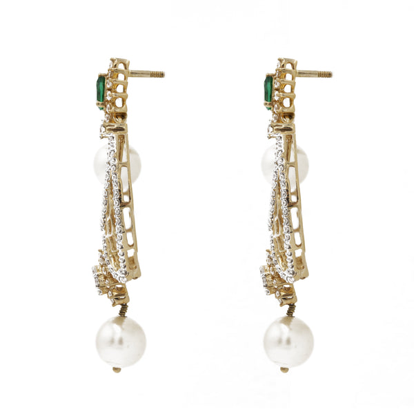 1.82 ct Diamond Drop Earrings Chandbali in 18k yellow gold with Emerald Stone and Pearls | 1.82 ct Diamond Drop Earrings Chandbali with Emerald Stone and Pearls for women. total weight is ...