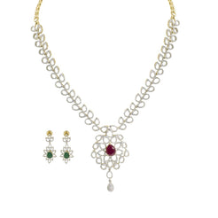 18K Multi Tone Gold Diamond Necklace & Drop Earrings Set W/ 6.27ct VVS Diamonds & Interchangeable Stone on Open Cut Leaf Frame