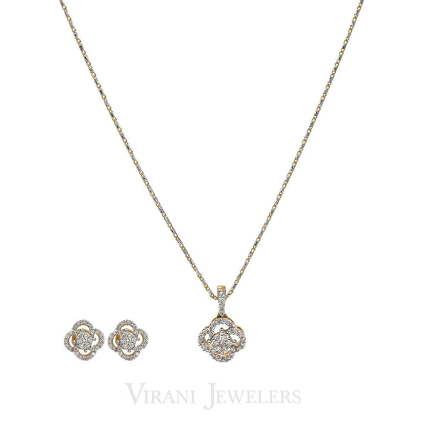 0.64CT Diamond Quatrefoil Pendant Necklace & Earrings Set in 18K Yellow Gold | 0.64CT Diamond Quatrefoil Pendant Necklace & Earrings Set in 18K Yellow Gold for women. Set f...