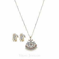 2.23CT Diamond Bisou Peacock Necklace & Earring Set in 18K Yellow Gold W/ Multi Gems