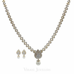 4.95CT Diamond Necklace & Earrings Set in 18K Gold W/ Pear Frame Pendant & Single Drop Pearl