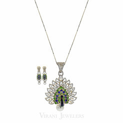 Peacock Diamond Pendant Necklace & Earring Set in 18K Gold W/ 4.51CT Round Diamonds