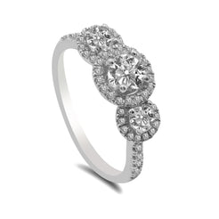 1.15CT Diamond Tri Stone Halo Engagement Ring Set in 14K White Gold