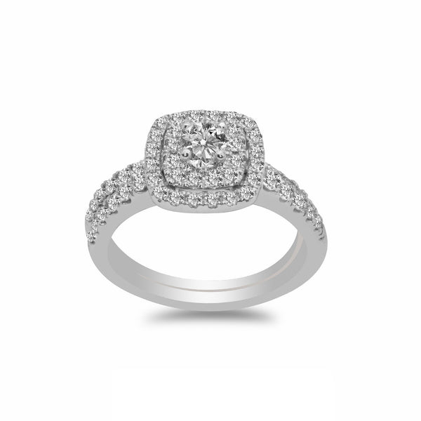 1CT Double Halo Diamond Engagement Ring Set in 14K White Gold | 1CT Double Halo Diamond Engagement Ring Set in 14K White Gold for women. Ring features a double s...
