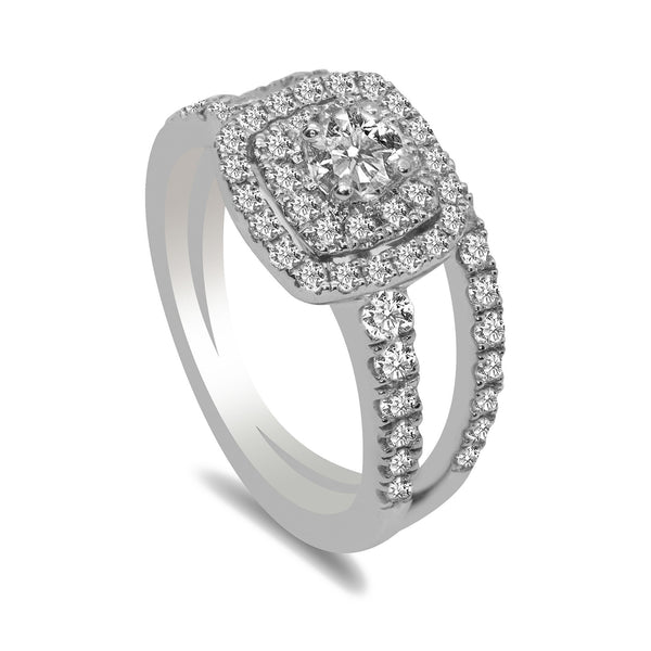 1CT Double Halo Diamond Engagement Ring Set in 14K White Gold | 1CT Double Halo Diamond Engagement Ring Set in 14K White Gold for women. Ring features a double s...