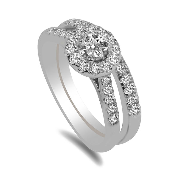 0.75CT Diamond Engagement Ring with Halo and Side Diamond Accents set in 14K White Gold | 1CT Diamond Engagement Ring with Halo and Side Diamond Accents set in 14K White Gold for Women. D...