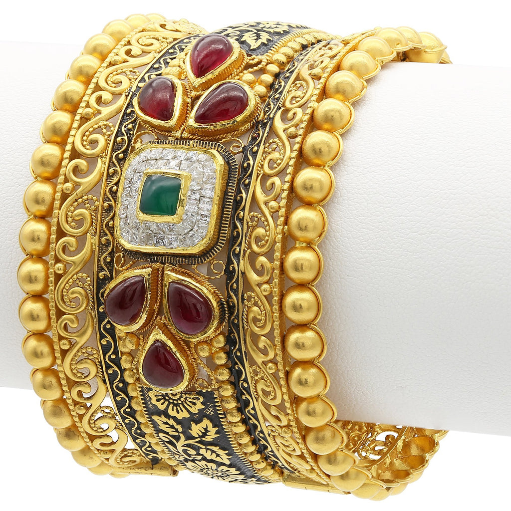 22K Gold Ruby Emerald Kundan CZ Antique 1 Piece Kada | 