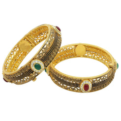 22K Antique Gold Kada Bangles, W/Ruby & Emerald, Set of 2