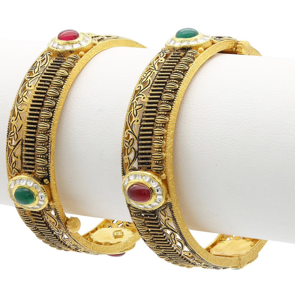 22K Gold Ruby Emerald Antique 2 Piece Kada | 