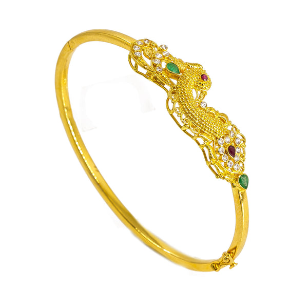 22K Yellow Gold Peacock Bangle W/ Emeralds, Rubies, & Cubic Zirconia | 22K Yellow Gold Peacock Bangle W/ Emeralds, Rubies, & Cubic Zirconia for women. This beautifu...