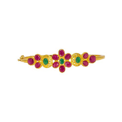 22K Yellow Gold Bangle W/ Rubies, Emeralds & Flower Design