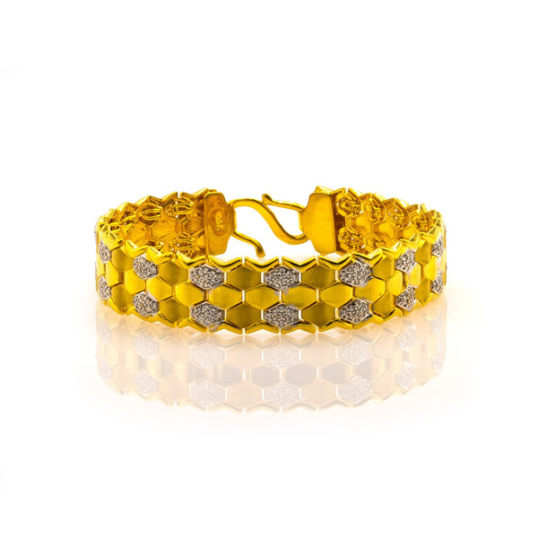 22K Yellow Gold Men's Bracelet W/ CZ Gems & Hexagon Tile Link | Add a unique accent to your masculine-chic look with this 22K yellow gold men’s bracelet from Vir...