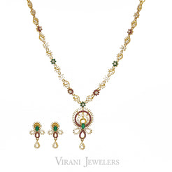 Peacock Pendant Necklace & Earrings Set W/ Emeralds, Rubies, & Cubic Zirconia Pavé