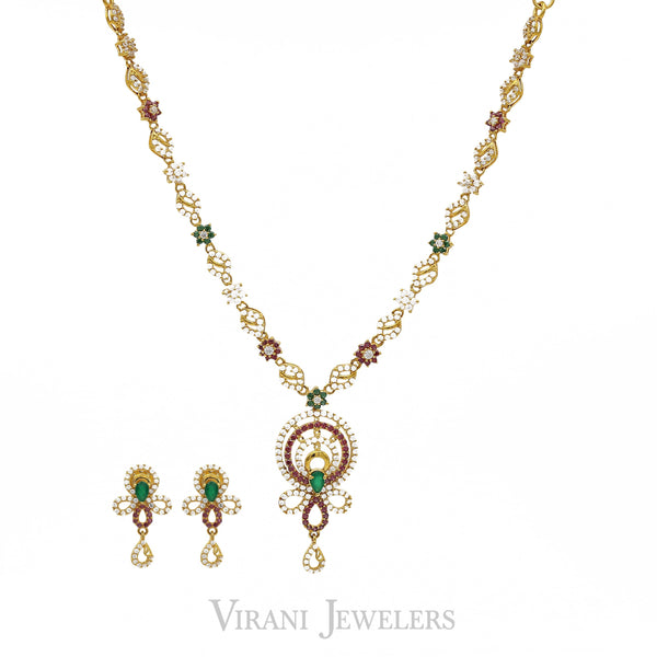 Peacock Pendant Necklace & Earrings Set W/ Emeralds, Rubies, & Cubic Zirconia Pavé | Peacock Pendant Necklace & Earrings Set W/ Emeralds, Rubies, & Cubic Zirconia Pavé for wo...