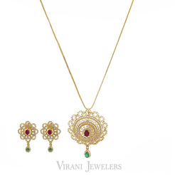 22K Yellow Gold Short Peacock Pendant Necklace & Earrings Set W/Multi Gems