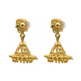 22K Yellow Gold Jhumki Earrings W/ Floral Post | 22K Yellow Gold Jhumki Earrings W/ Floral Post for women. Feminine floral post with drop bead bal...