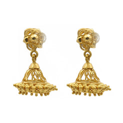 22K Yellow Gold Jhumki Earrings W/ Floral Post