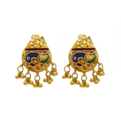 Peacock 22K Yellow Gold Stud Earrings W/ Filigree Art