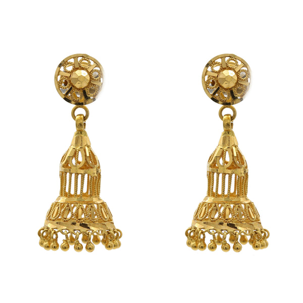 22K Yellow Gold Chandelier Jhumki Earrings W/ Floral Shape Top | 22K Yellow Gold Chandelier Jhumki Earrings W/ Floral Shape Top for women. Earrings feature open p...