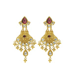 22K Gold Handcrafted Chandelier Earrings W/ Kundan & Ruby Accents | 22K Gold Handcrafted Chandelier Earrings W/ Kundan & Ruby Accents for women. Ring feature han...