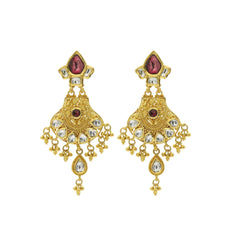 22K Gold Handcrafted Chandelier Earrings W/ Kundan & Ruby Accents