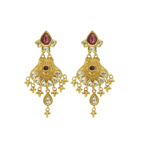 22K Gold Handcrafted Chandelier Earrings W/ Kundan & Ruby Accents | 22K Gold Handcrafted Chandelier Earrings W/ Kundan & Ruby Accents for women. Ring feature han...