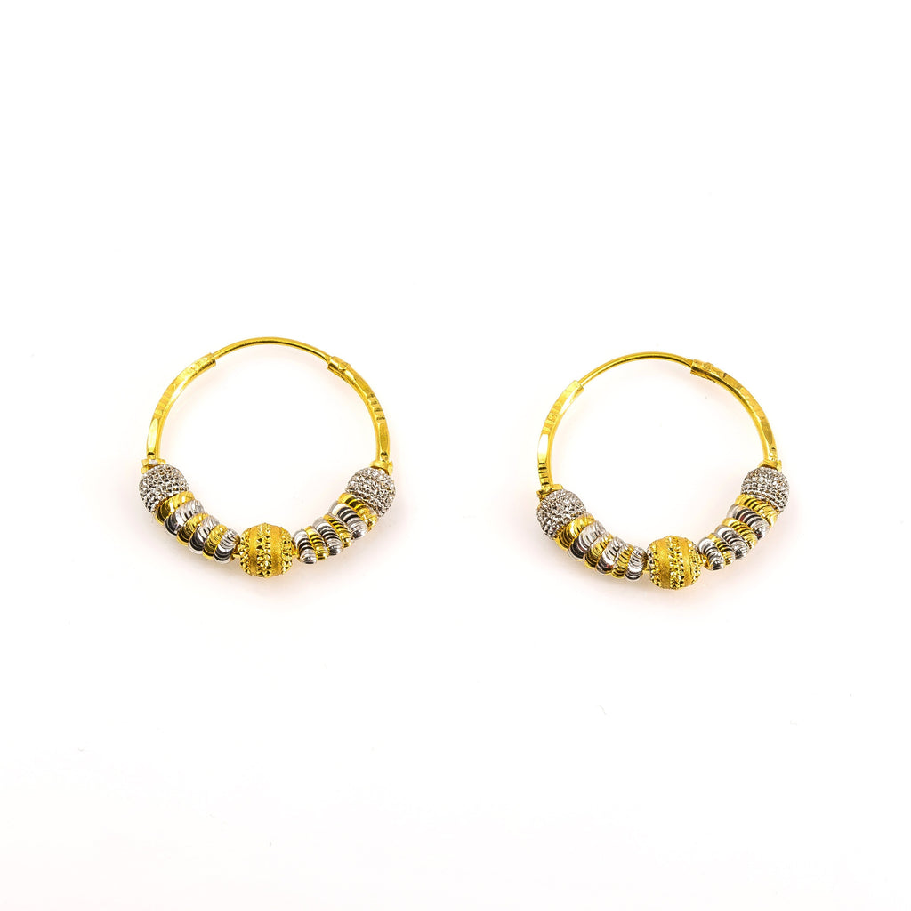 22K Two-Tone Gold Beaded Hoop Earrings | 22K Multitone Gold Beaded Hoop Earrings for women. White and yellow gold diamond cut beaded detai...