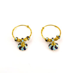 22K Antique Gold Beaded Hoop Earrings W/ Floral Drop & Enamel