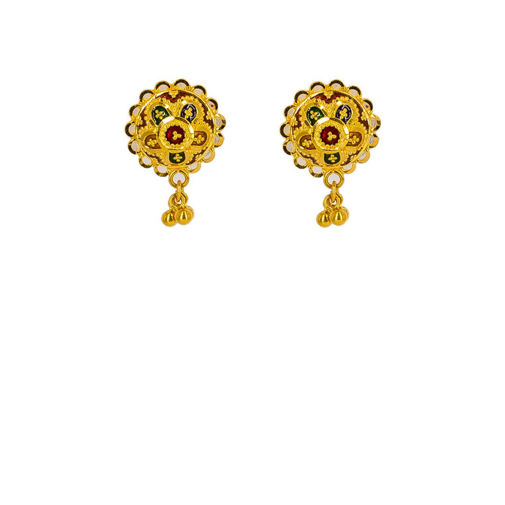 22K Yellow Gold Earrings W/ Enamel Paint & Shield Flower Design |  22K Yellow Gold Earrings W/ Enamel Paint & Shield Flower Design for women. These beautiful 2...