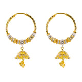 22K Multi Tone Gold Hoop Earrings W/ Jhumki Drops & Textured Gold Caps |  22K Multi Tone Gold Hoop Earrings W/ Jhumki Drops & Textured Gold Caps for women. These deco...
