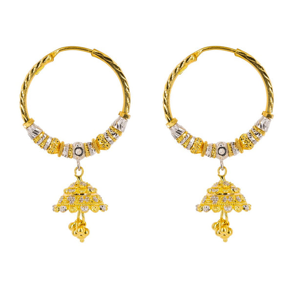 22K Multi Tone Gold Hoop Earrings W/ Jhumki Drops & Textured Gold Caps |  22K Multi Tone Gold Hoop Earrings W/ Jhumki Drops & Textured Gold Caps for women. These deco...