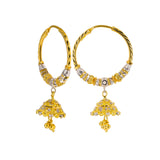 22K Multi Tone Gold Hoop Earrings W/ Jhumki Drops & Textured Gold Caps |  22K Multi Tone Gold Hoop Earrings W/ Jhumki Drops & Textured Gold Caps for women. These deco...