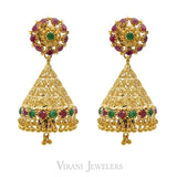 22K Yellow Gold Flower Jhumkis Drop Earrings W/ Rubies & Emeralds | 22K Yellow Gold Flower Jhumkis Drop Earrings W/ Rubies & Emeralds for women.Total weight is 1...