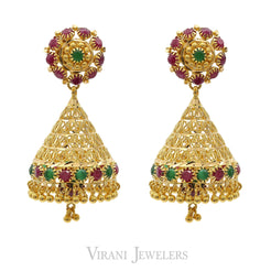 22K Yellow Gold Flower Jhumkis Drop Earrings W/ Rubies & Emeralds