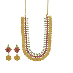 22K Gold Ruby Emerald Floral Kasu Necklace & Earrings Set