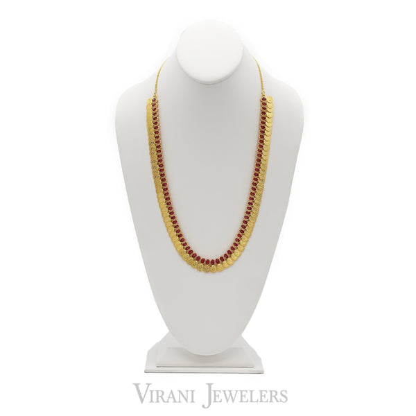 Long Kasu Necklace & Earrings Set W/ Faceted Rubies & Engraved Coins | Long Kasu Necklace & Earrings Set W/ Faceted Rubies & Engraved Coins for women. Necklace ...